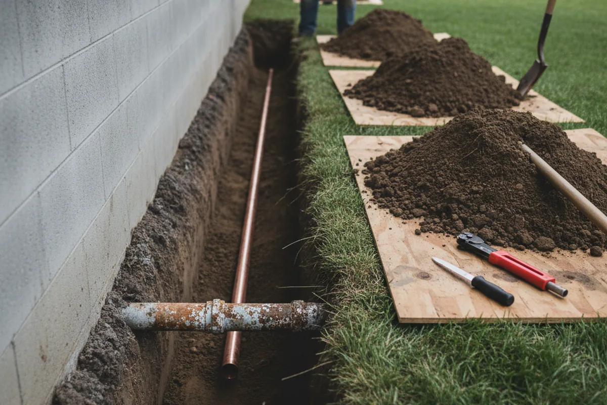 Excavated water line trench during Water Softener Installation in Wagoner